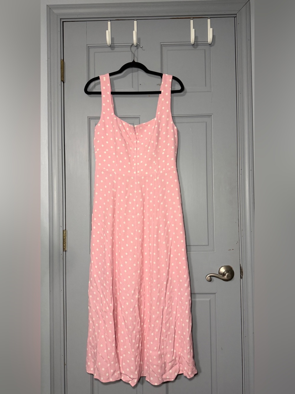 Wayf Pink Polka Dot Midi Dress with Square Neck